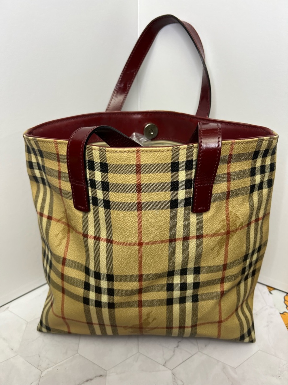 Vintage Burberry Beige Plaid Tote with Burgundy Leather Trim